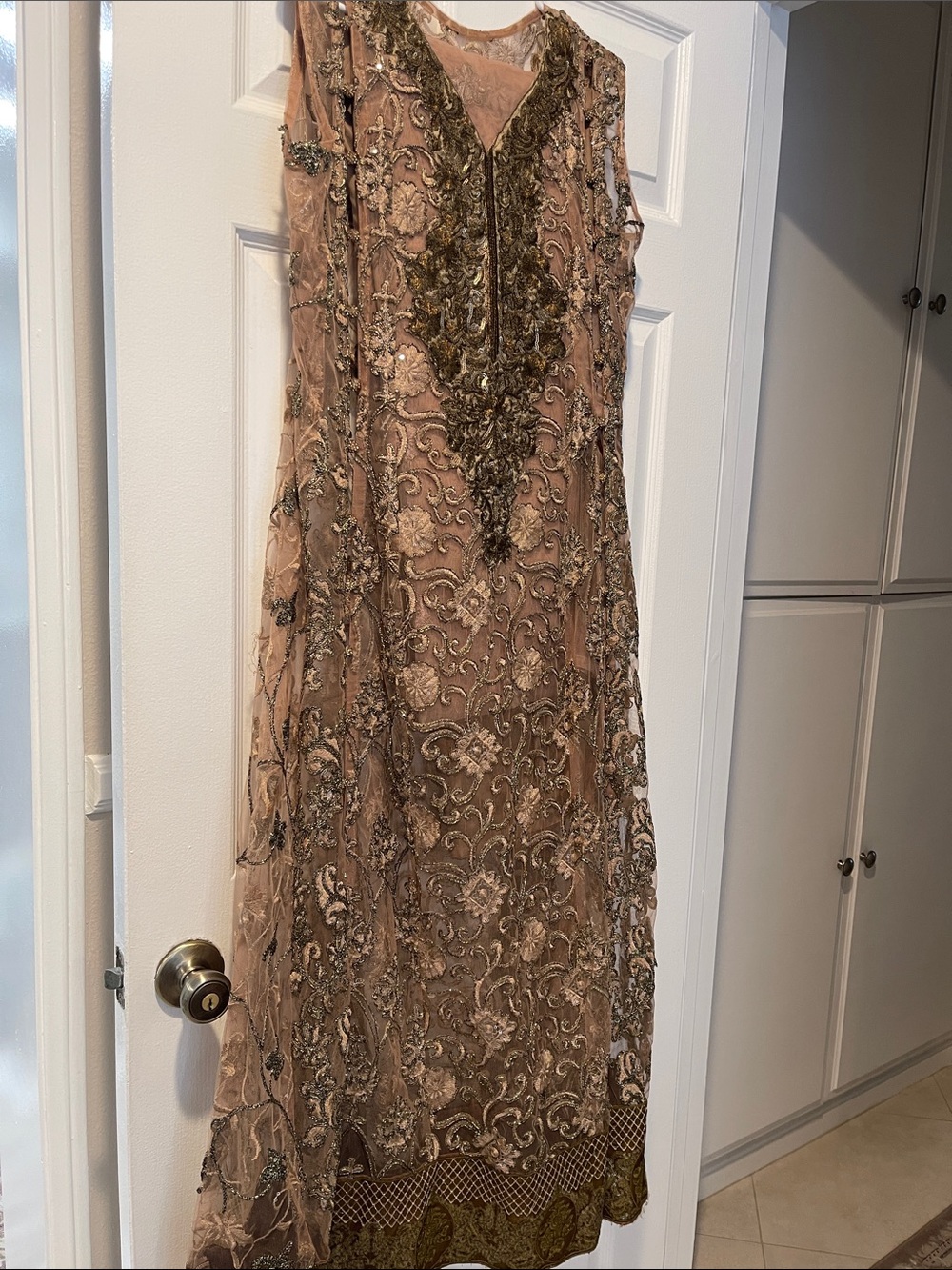 Embellished Taupe Evening Dress with Gold Accents 4 peace Pakistani dress,